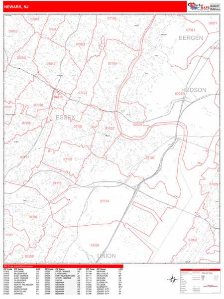 Newark New Jersey Zip Code Wall Map (Red Line Style) by MarketMAPS