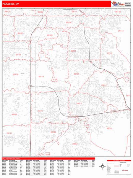 Paradise Nevada Zip Code Wall Map (Red Line Style) by MarketMAPS