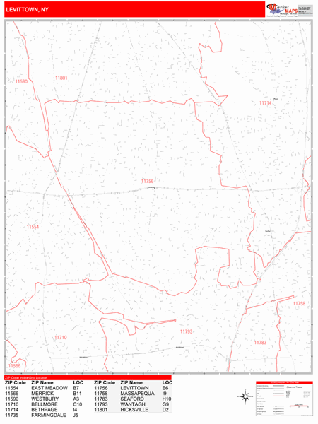 Levittown New York Wall Map (Red Line Style) by MarketMAPS