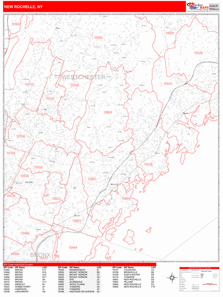 New Rochelle New York Zip Code Wall Map (Red Line Style) by MarketMAPS