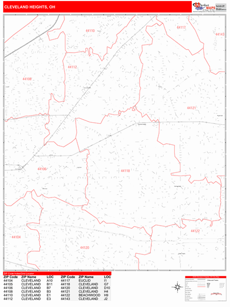 Cleveland Heights Ohio Zip Code Wall Map (Red Line Style) by MarketMAPS