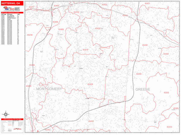 Kettering Ohio Zip Code Wall Map (Red Line Style) by MarketMAPS