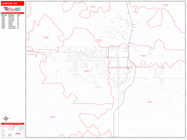 Lawton Oklahoma Zip Code Wall Map (Red Line Style) by MarketMAPS