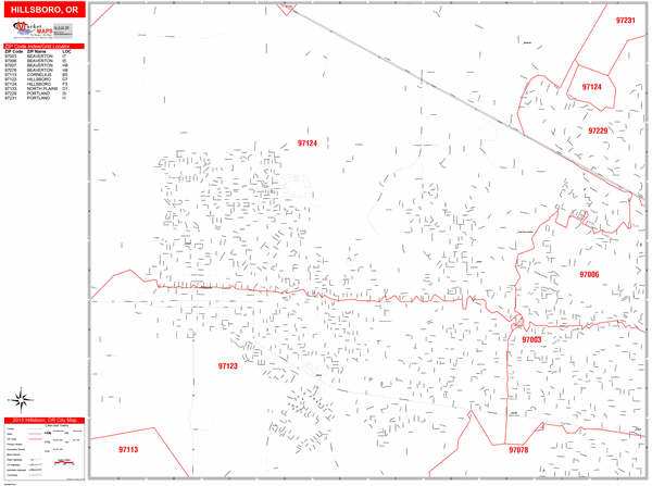 Hillsboro Oregon Zip Code Wall Map (Red Line Style) by MarketMAPS