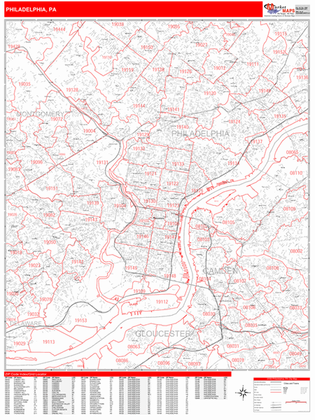 Philadelphia Pennsylvania Zip Code Wall Map Red Line Style By Marketmaps