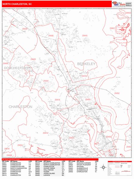 North Charleston South Carolina Zip Code Wall Map (Red Line Style) by ...