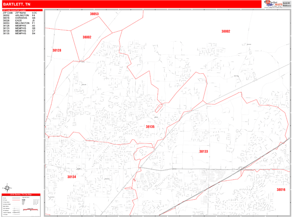 Bartlett Tennessee Wall Map (Red Line Style) by MarketMAPS