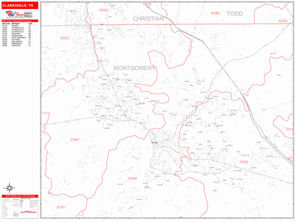 Clarksville Tennessee Zip Code Wall Map Red Line Style By MarketMAPS