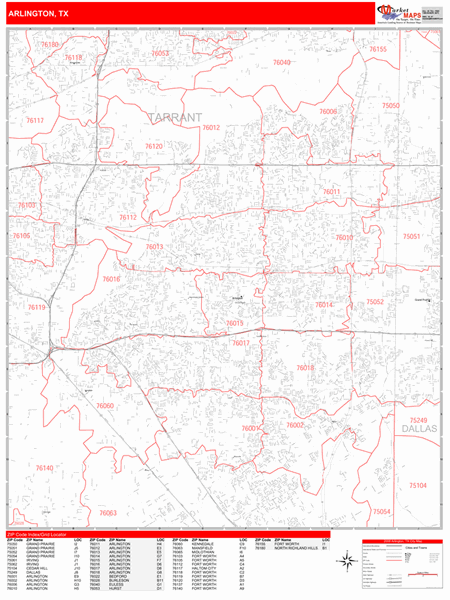Arlington Texas Zip Code Wall Map Red Line Style By Marketmaps 6579