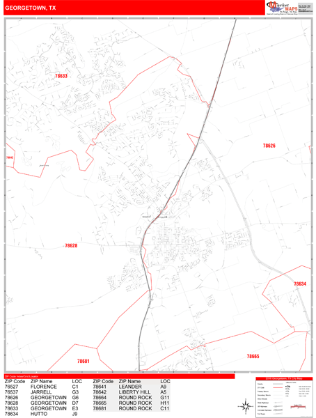 Georgetown Texas Zip Code Wall Map (Red Line Style) by MarketMAPS