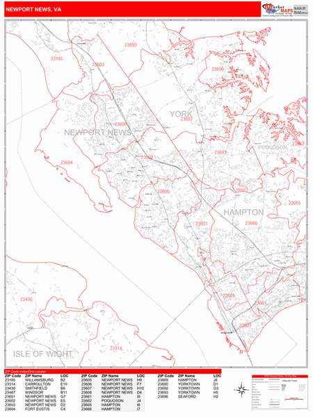 Newport News Virginia Zip Code Wall Map (Red Line Style) by MarketMAPS