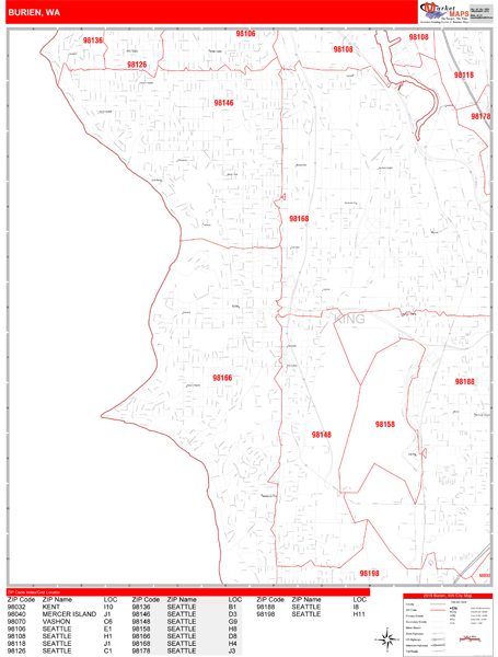 Burien Washington Zip Code Wall Map (Red Line Style) by MarketMAPS