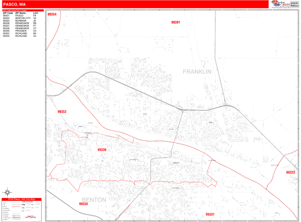 Pasco Washington Zip Code Wall Map Red Line Style By Marketmaps