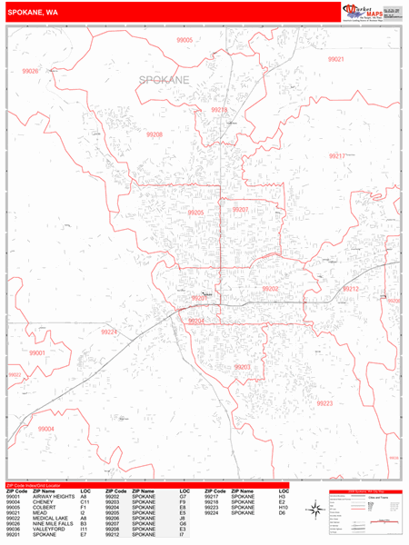Spokane Washington Zip Code Wall Map Red Line Style By Marketmaps