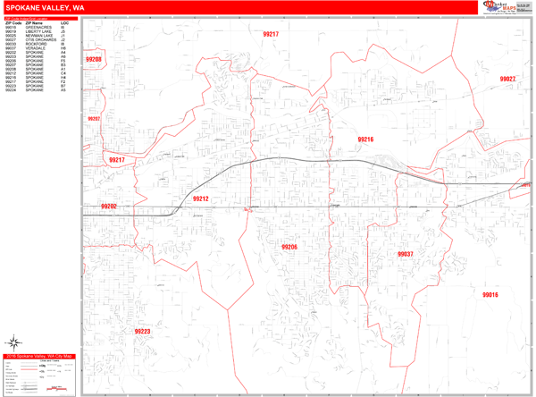 Spokane Valley Washington Wall Map (Red Line Style) by MarketMAPS