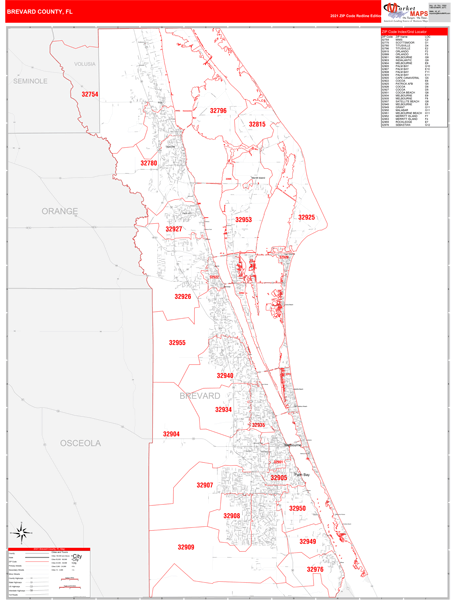 Brevard County Zip Code Map Brevard County, Fl Zip Code Wall Map Red Line Style By Marketmaps - Mapsales