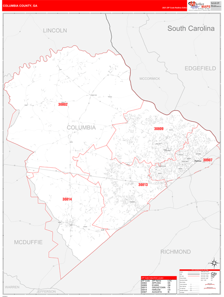 Columbia County Ga Maps Columbia County, Ga Zip Code Wall Map Red Line Style By Marketmaps -  Mapsales