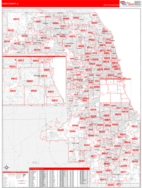 Cook County Zip Code Map Cook County, Il Zip Code Wall Map Red Line Style By Marketmaps - Mapsales