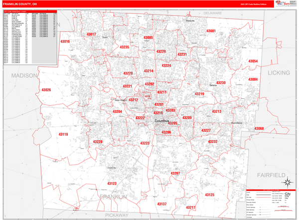 Franklin County Ohio Zip Code Map Franklin County, Oh Zip Code Wall Map Red Line Style By Marketmaps -  Mapsales