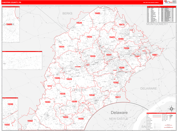 Chester County Zip Code Map Chester County, Pa Zip Code Wall Map Red Line Style By Marketmaps - Mapsales