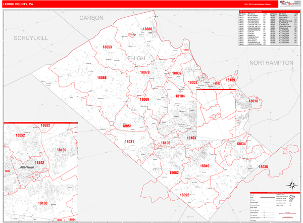 Allentown Zip Code Map Lehigh County, Pa Zip Code Wall Map Red Line Style By Marketmaps - Mapsales