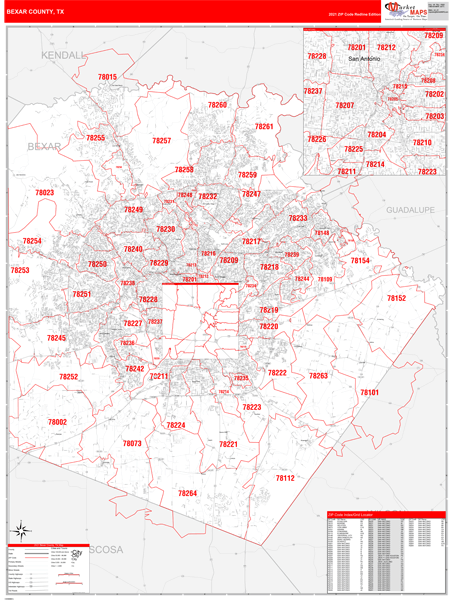 Bexar County Zip Code Map Bexar County, Tx Zip Code Wall Map Red Line Style By Marketmaps - Mapsales