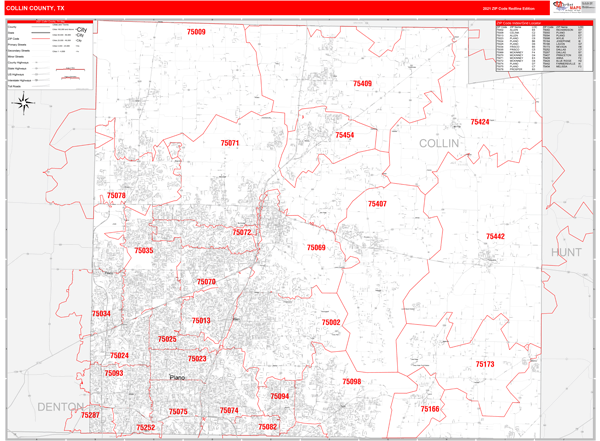 Collin County Zip Code Map Collin County, Tx Zip Code Wall Map Red Line Style By Marketmaps - Mapsales