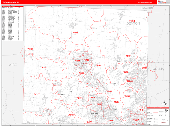 Denton County Zip Code Map Denton County, Tx Zip Code Wall Map Red Line Style By Marketmaps - Mapsales