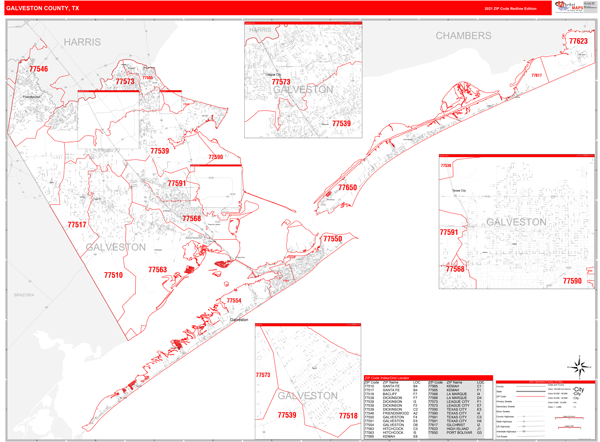 Galveston Zip Code Map Galveston County, Tx Zip Code Wall Map Red Line Style By Marketmaps -  Mapsales