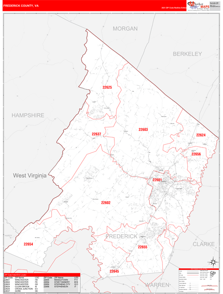 Frederick Zip Code Map Frederick County, Va Zip Code Wall Map Red Line Style By Marketmaps -  Mapsales