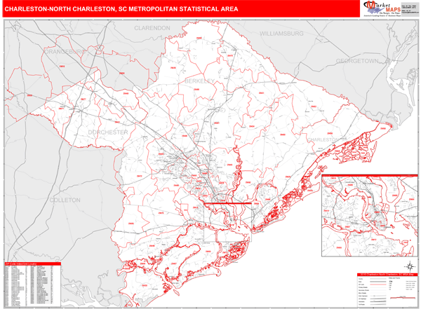 Charleston North Charleston Sc Metro Area Zip Code Wall Map Red Line Style By Marketmaps 6638