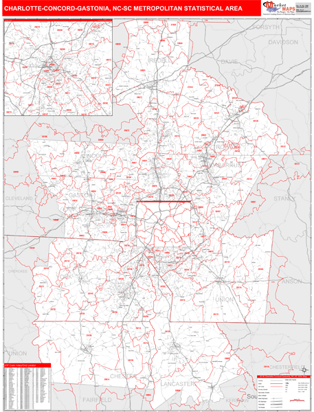 Charlotte-Concord-Gastonia, NC Metro Area Wall Map Red Line Style by ...