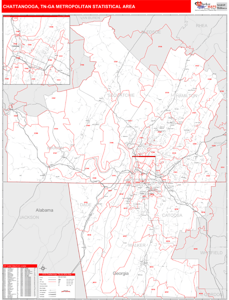 Chattanooga, TN Metro Area Wall Map Red Line Style by MarketMAPS