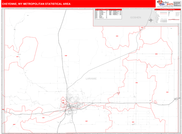 Cheyenne, WY Metro Area Zip Code Wall Map Red Line Style by MarketMAPS