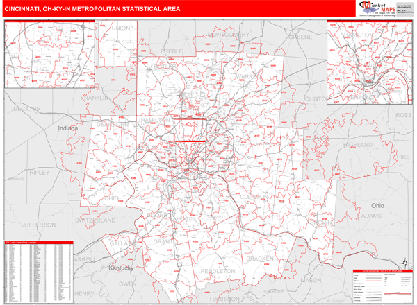 Cincinnati, OH Metro Area Wall Map Red Line Style by MarketMAPS