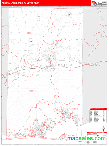 Fort Walton Beach, FL Metro Area Zip Code Wall Map Red Line Style by ...