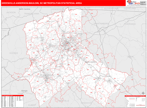 Greenville Anderson Mauldin Sc Metro Area Wall Map Red Line Style By Marketmaps 1083