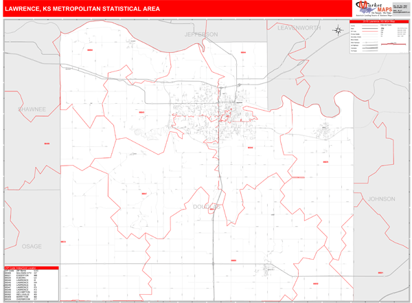 Lawrence Ks Metro Area Zip Code Wall Map Red Line Style By Marketmaps 0672