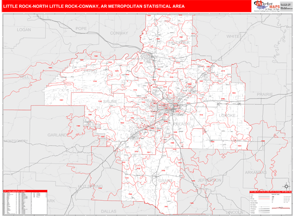 Little Rock North Little Rock Conway Ar Metro Area Zip Code Wall Map Red Line Style By Marketmaps 