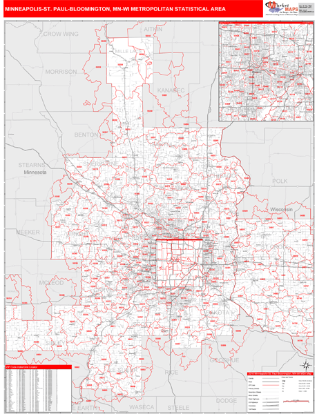 Minneapolis-St. Paul-Bloomington, MN Metro Area Wall Map Red Line Style ...