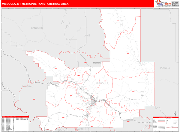 Missoula MT Metro Area Zip Code Wall Map Red Line Style By MarketMAPS   5140 