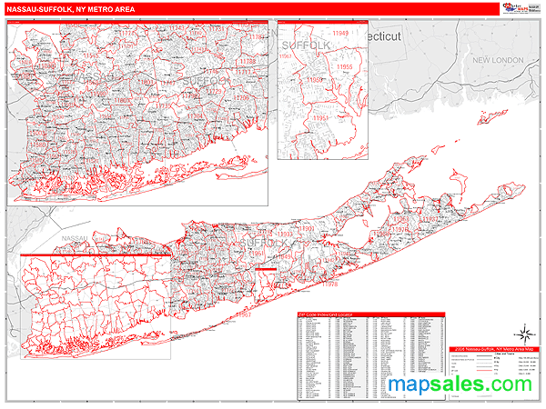 Nassau-Suffolk, NY Metro Area Wall Map Red Line Style by MarketMAPS