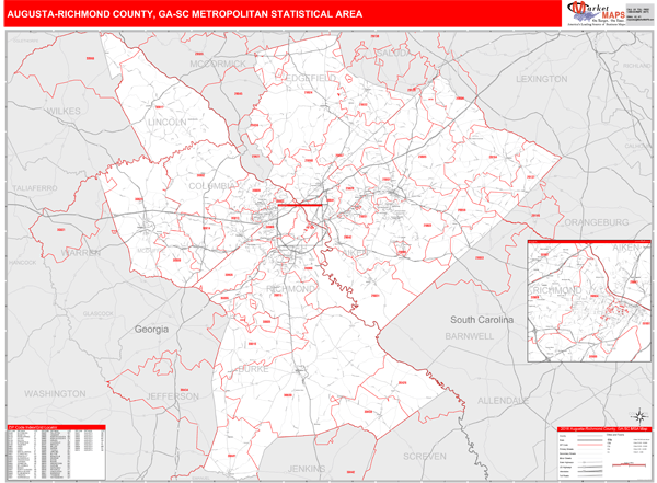 Augusta-Richmond County, GA Metro Area Zip Code Wall Map Red Line Style ...