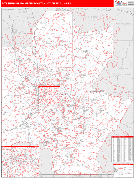 Pittsburgh, PA Metro Area Wall Map Red Line Style by MarketMAPS