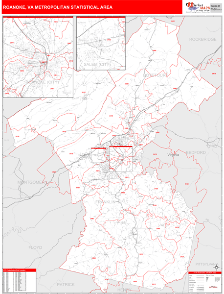 Roanoke, VA Metro Area Zip Code Wall Map Red Line Style by MarketMAPS