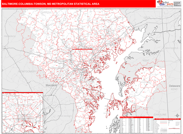 Baltimore-Columbia-Towson, MD Metro Area Zip Code Wall Map Red Line ...