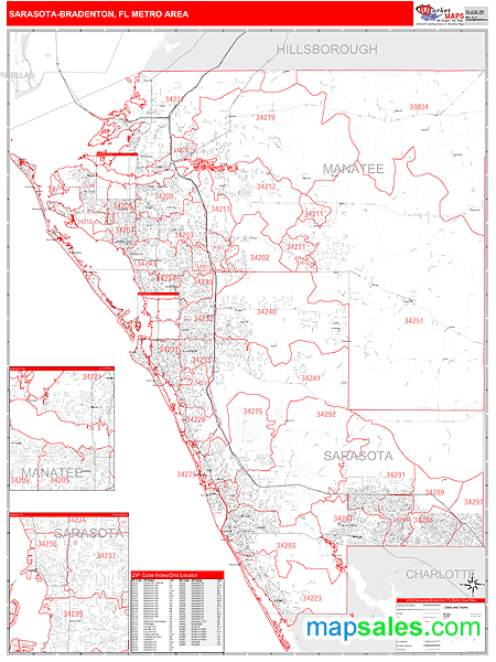Sarasota-Bradenton, FL Metro Area Zip Code Wall Map Red Line Style by ...