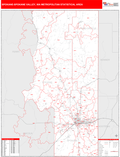 Spokane-Spokane Valley, WA Metro Area Wall Map Red Line Style by MarketMAPS