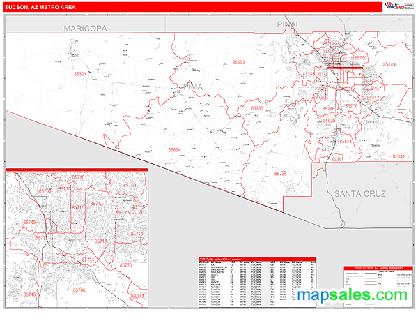 Tucson, AZ Metro Area Wall Map Red Line Style by MarketMAPS