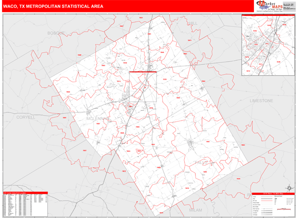 Waco, TX Metro Area Zip Code Wall Map Red Line Style by MarketMAPS